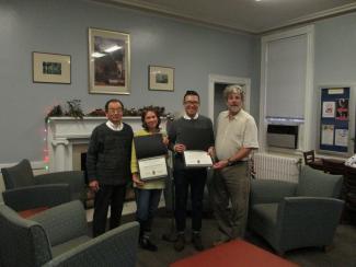 Dr. Mori and Dr. Black present teaching awards to Irina Kruchinina and Chuan-Haur Liu.