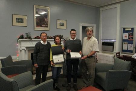 Dr. Mori and Dr. Black present teaching awards to Irina Kruchinina and Chuan-Haur Liu.